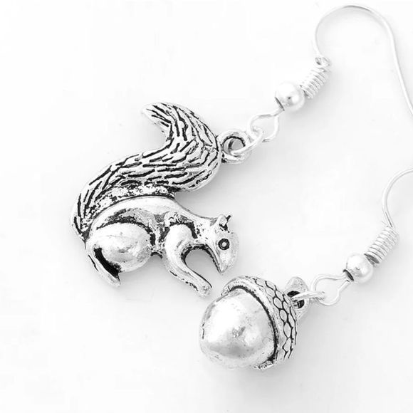 Squirrel Acorn Fall Asymmetrical Silver Earrings - Picture 2 of 6